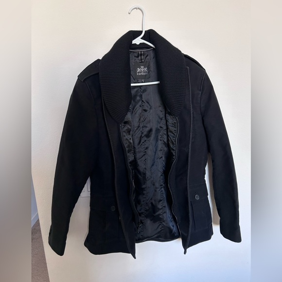 EXPRESS Men’s Heavy Weight Military Style Peacoat Black Jacket Cotton Sz Medium - Picture 4 of 9